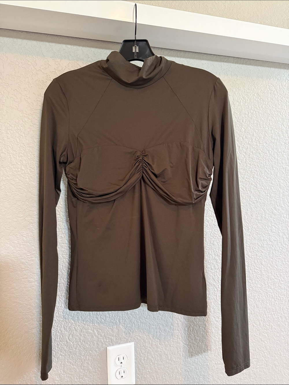 Goldsign Olive Green Long Sleeve Mock Neck Ruched Front Top